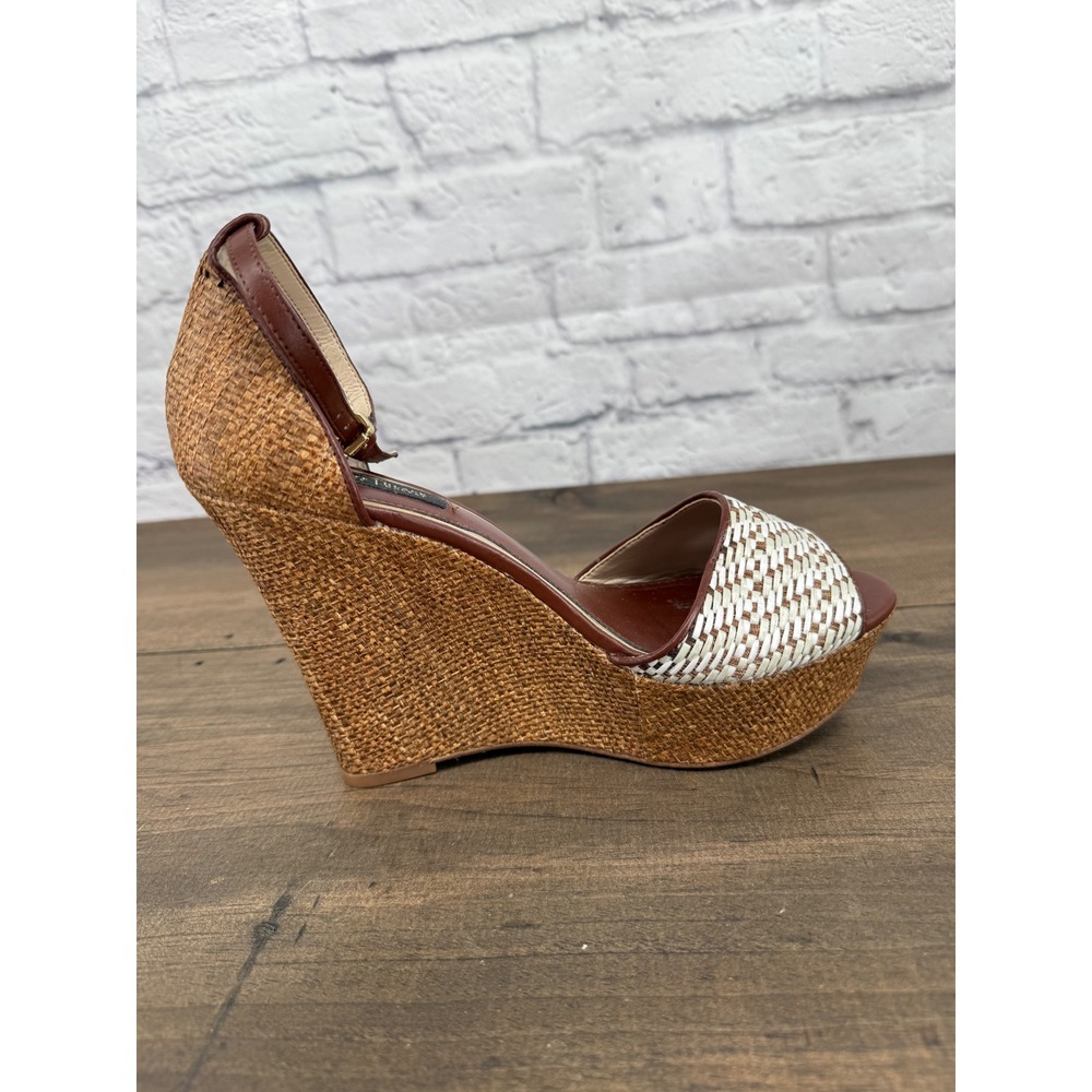 White House Black Market Raffia Wedge Heels Womens 7.5 Brown White Sandals Boho - Picture 9 of 13
